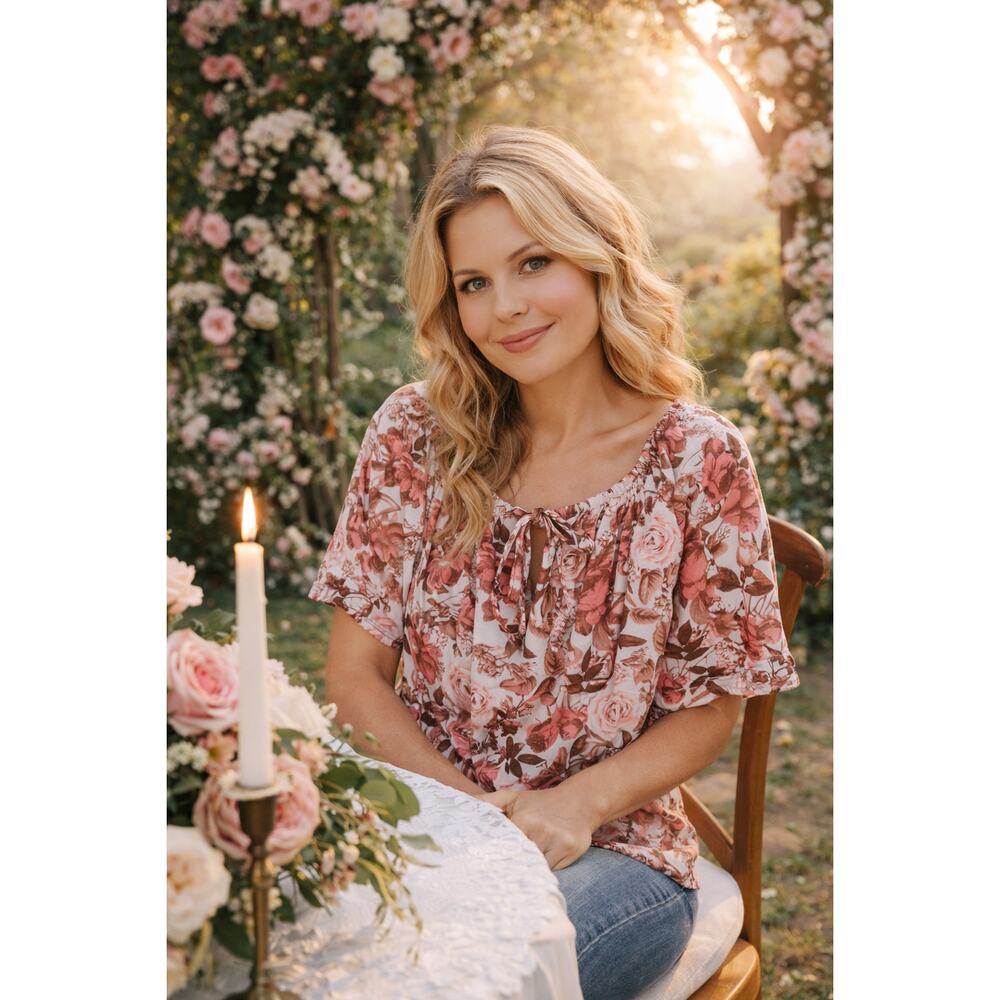 Candace Cameron Bure Size Large Pink Rose Printed Short-Sleeve Blouse48